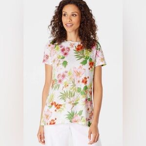 J.Jill ~ 2X ~ Gorgeous White Floral Foliage Linen-Knit Crossover-Hem Tee